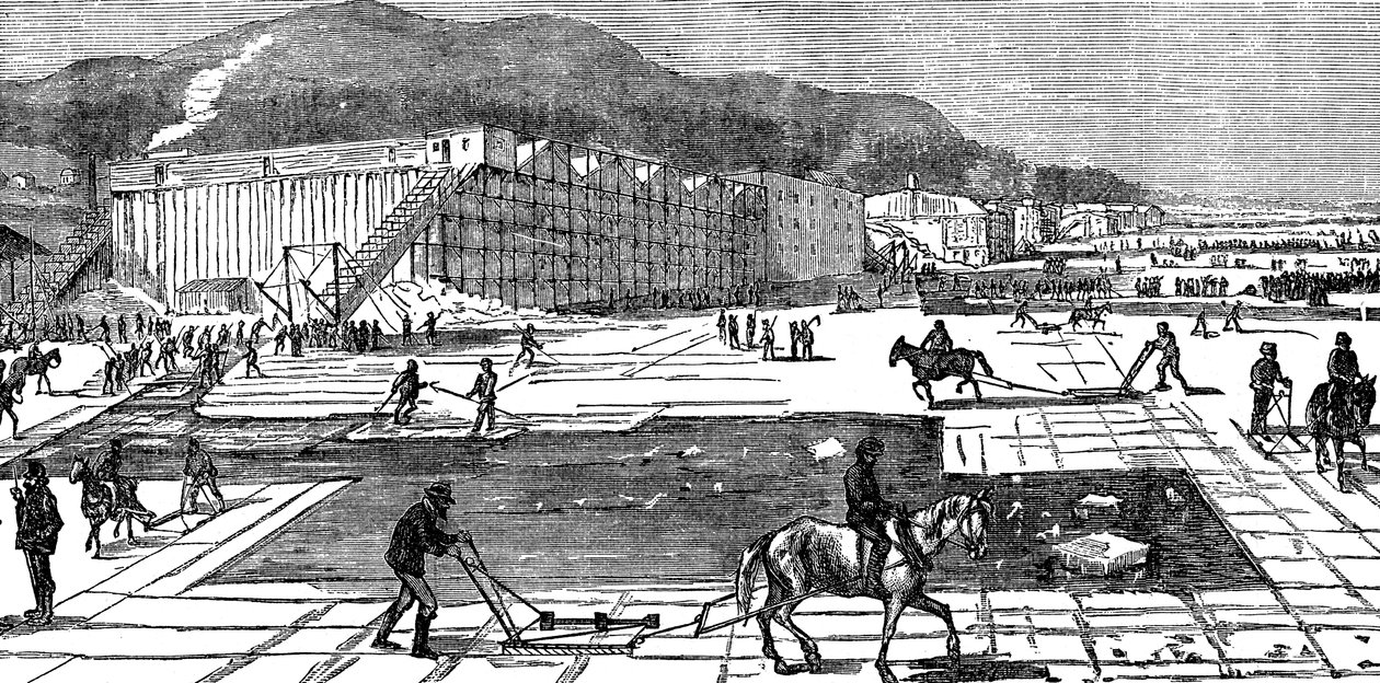 Recolección de hielo en el río Hudson cerca de Nueva York, EE.UU., 1875 de Unbekannt