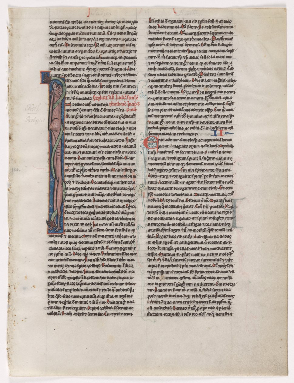 Inicial I: Bestia y serpiente entrelazadas: Hoja de una Biblia 2 de 2 hojas excisadas, c. 1225-1250 de Unbekannt