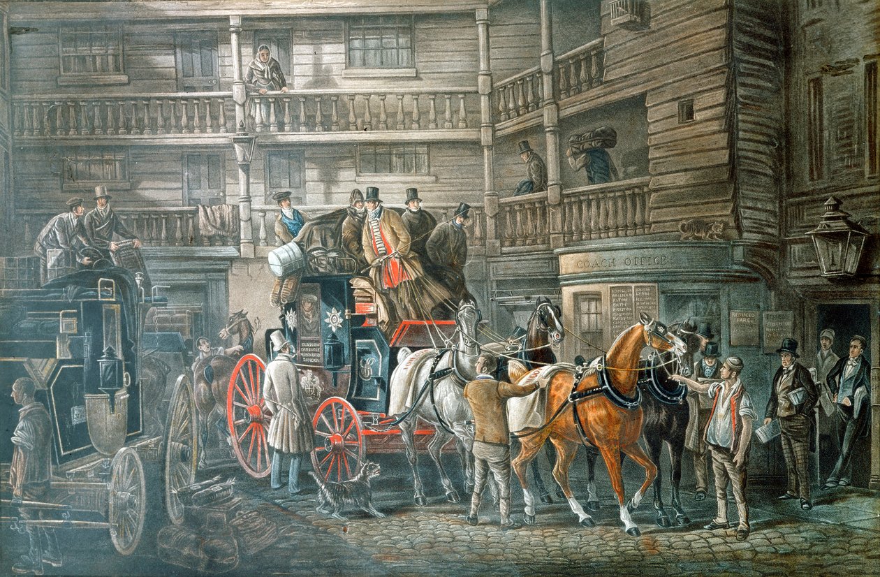Patio de la posada con el coche de correos preparándose para salir, c1840 de Unbekannt