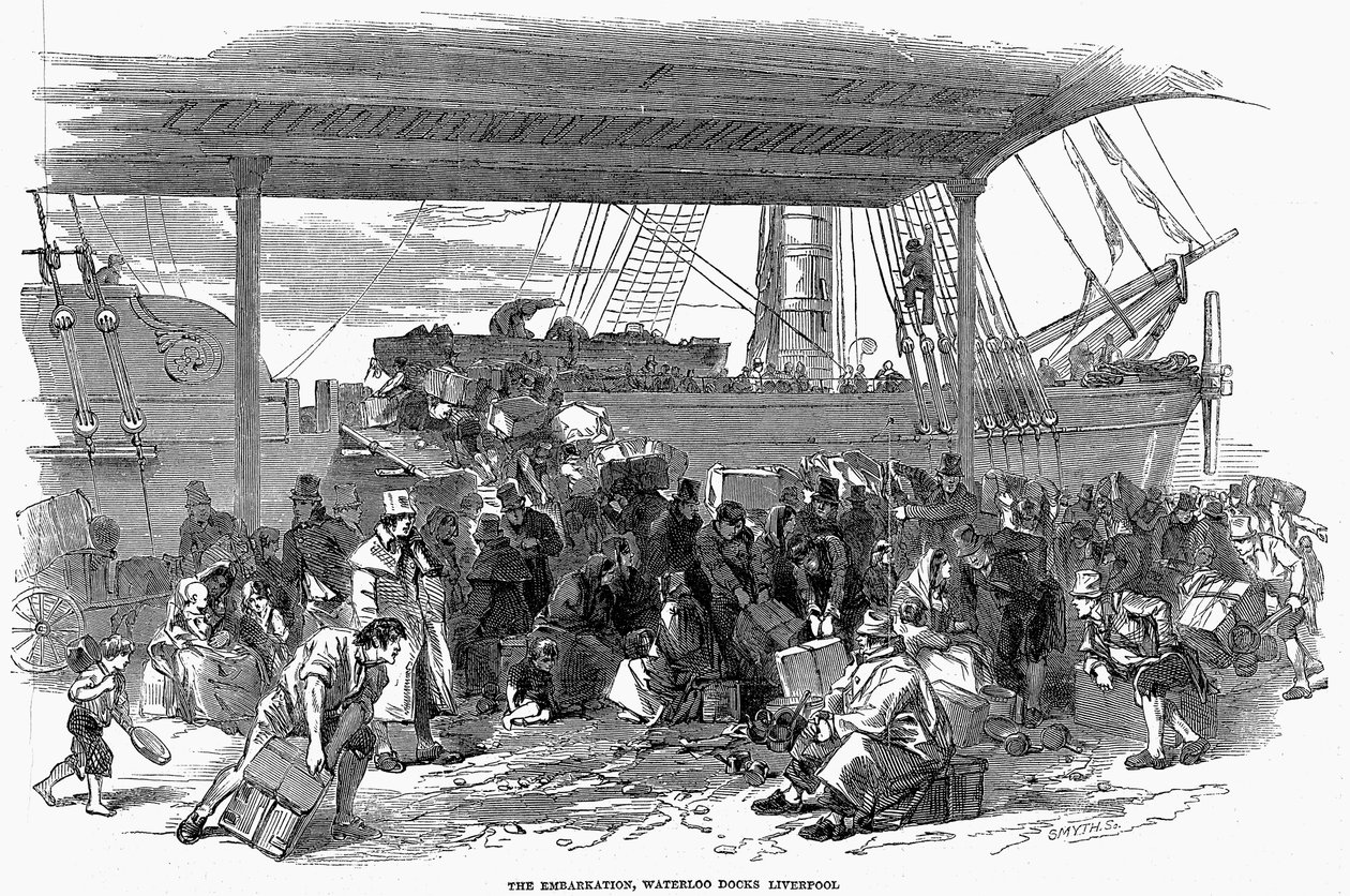 Emigrantes irlandeses embarcando hacia América en los muelles de Waterloo, Liverpool, 1850 de Unbekannt