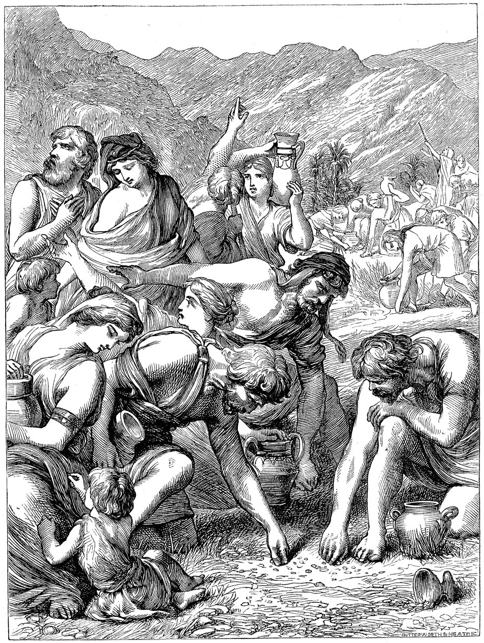 Israelitas en el desierto recogiendo el maná que cayó del cielo, 1869 de Unbekannt