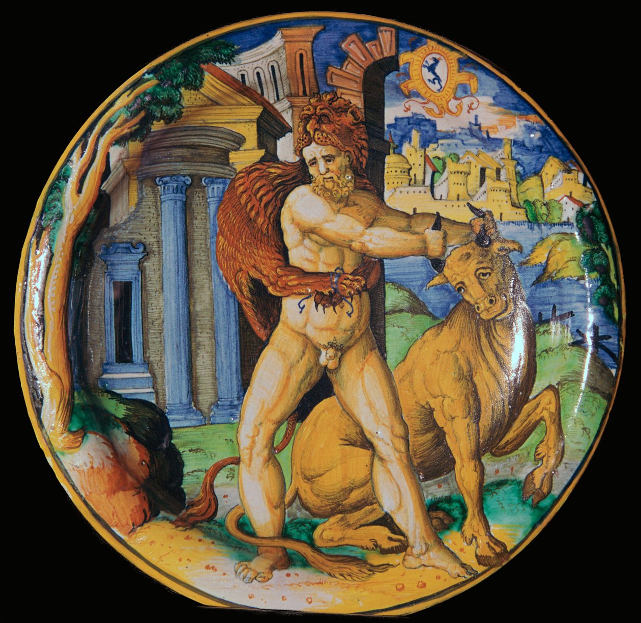 Plato de loza italiana con una imagen de Hércules y el toro de Creta, siglo XVI de Unbekannt