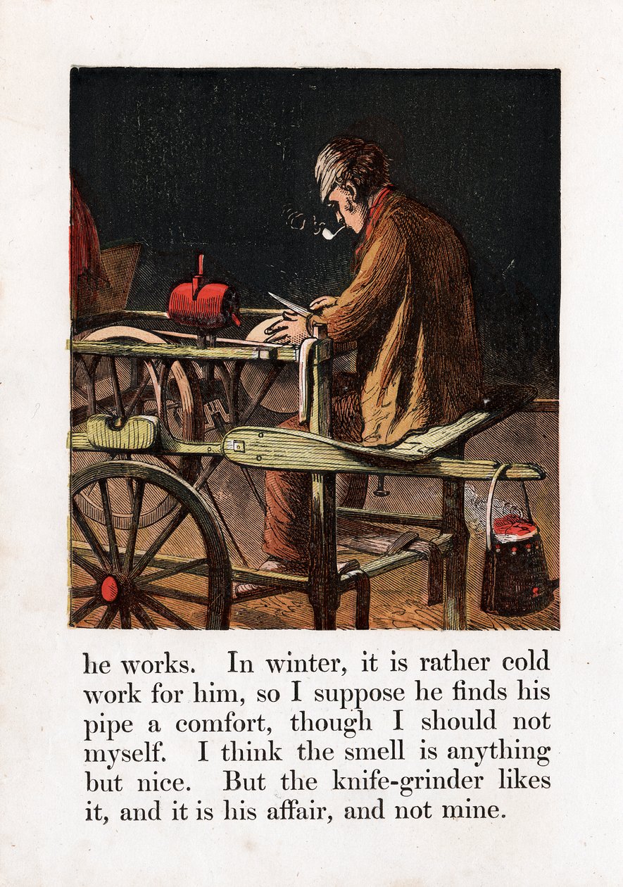 Afilador itinerante afilando una hoja girando una rueda de afilar con un pedal, c1867 de Unbekannt