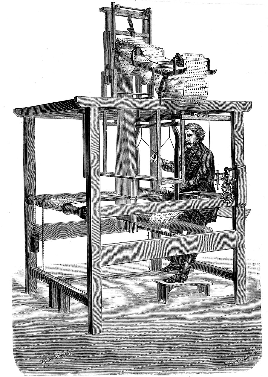 Telar Jacquard, con guirnaldas de tarjetas perforadas de las cuales se tejió el patrón, 1876 de Unbekannt