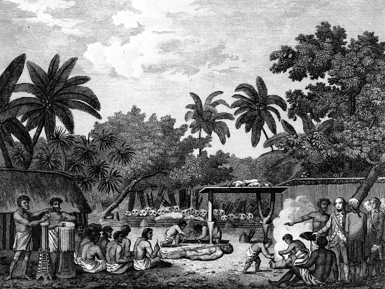 James Cook, navegante inglés, presenciando un sacrificio humano en Tahití Otaheite c1773 de Unbekannt