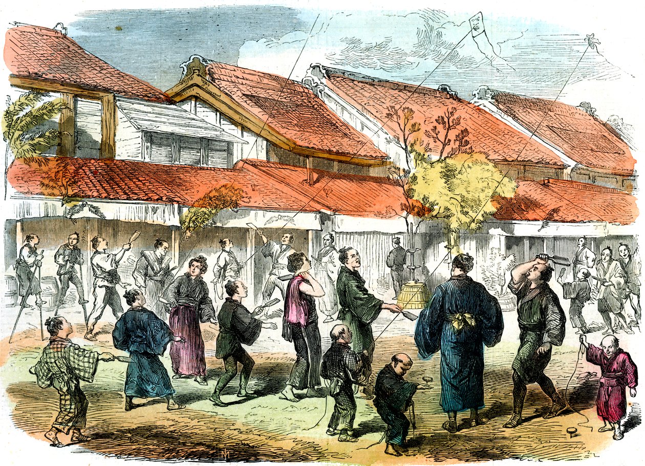 Juego japonés de battledore y volante en las calles de Yokohama, 1865 de Unbekannt