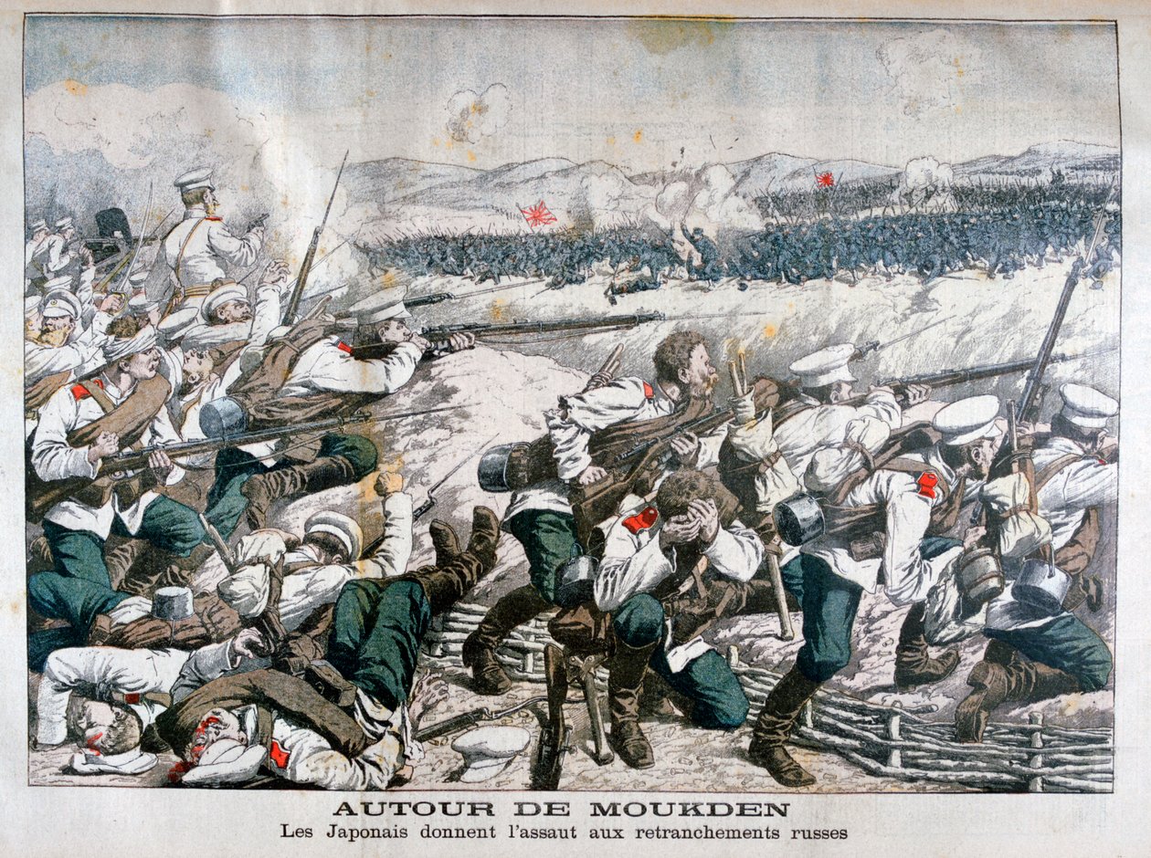 Tropas japonesas atacando trincheras rusas, Mukden, Manchuria, octubre 1904 de Unbekannt