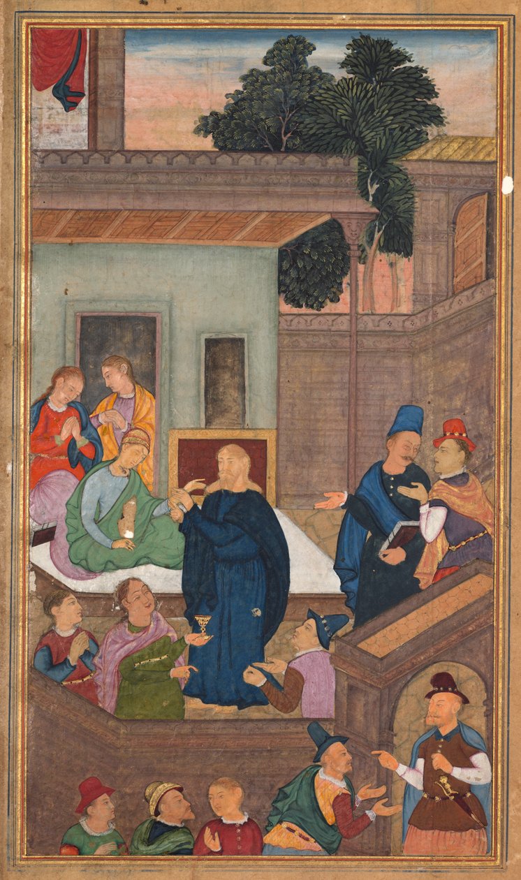Jesús resucita a la hija de Jairo de entre los muertos, del Espejo de la Santidad Mirat al-quds..., 1602-16 de Unbekannt