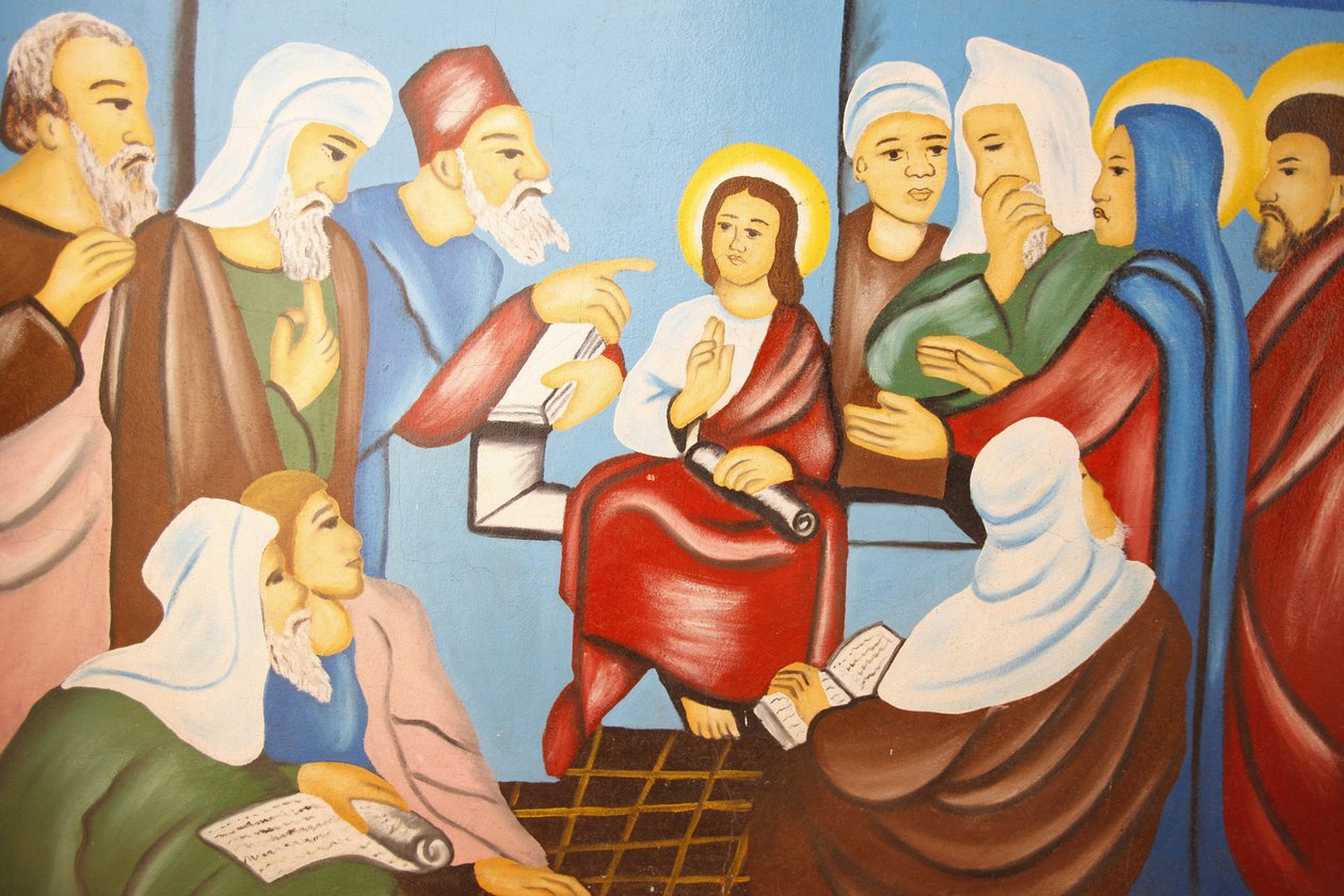 Jesús en la sinagoga, pintura en la catedral de Kpalimé, Lomé, Togo de Unbekannt
