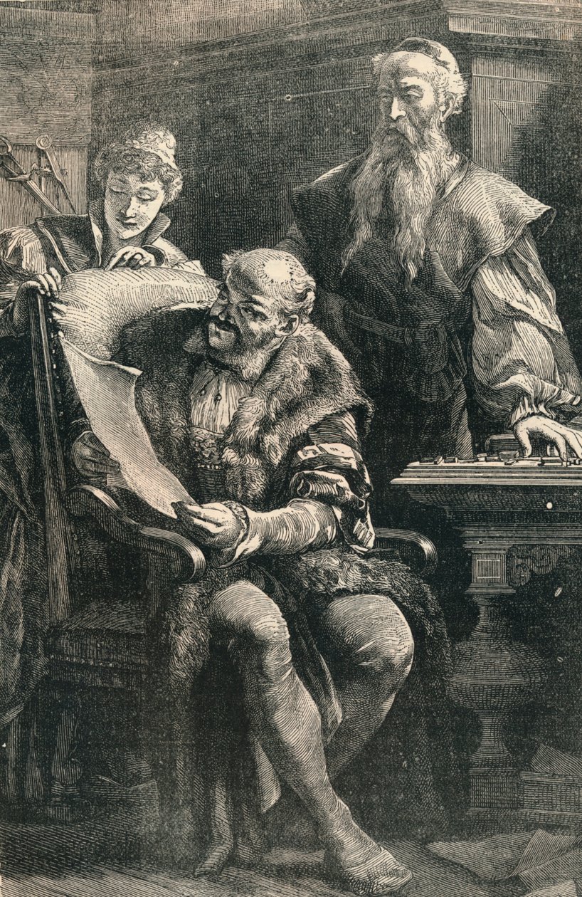 Johannes Gutenberg mostrando parte del primer libro impreso a Faust, siglo XIV de Unbekannt