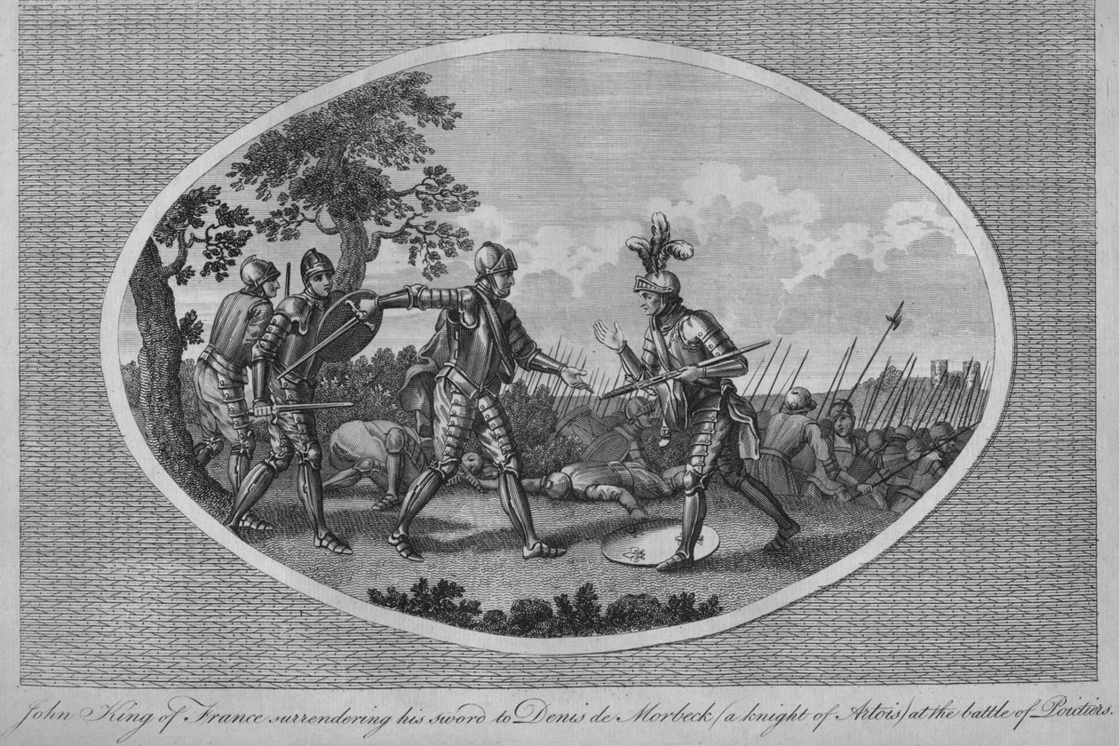 Juan II de Francia rindiendo su espada a Denis de Morbeck en la Batalla de Poitiers, 1356 de Unbekannt