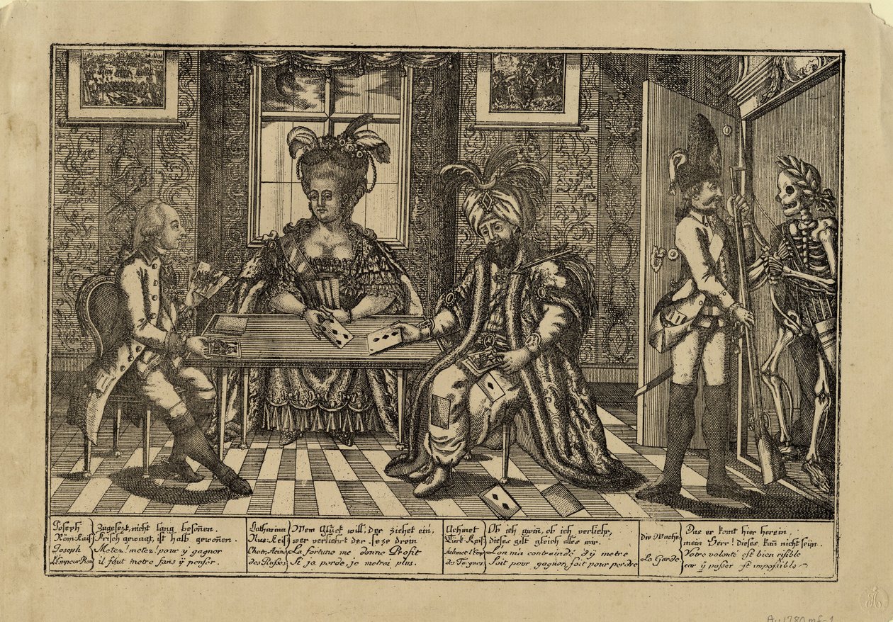 José II, Catalina la Grande y el Sultán Abdul Hamid I jugando a las cartas, c. 1780 de Unbekannt