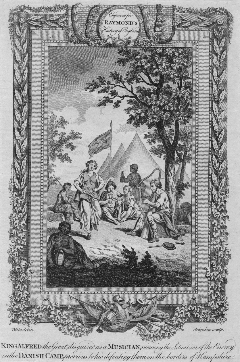 El rey Alfredo el Grande, disfrazado de músico, observando la situación del enemigo, c1787 de Unbekannt