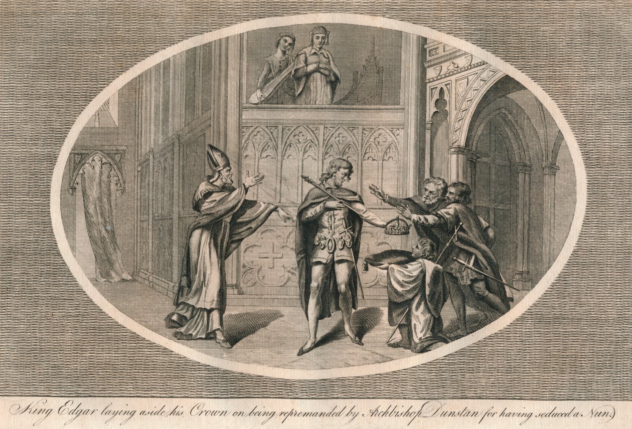 El rey Edgar dejando su corona al ser reprendido por el arzobispo Dunstan, c. 960s, 1793 de Unbekannt