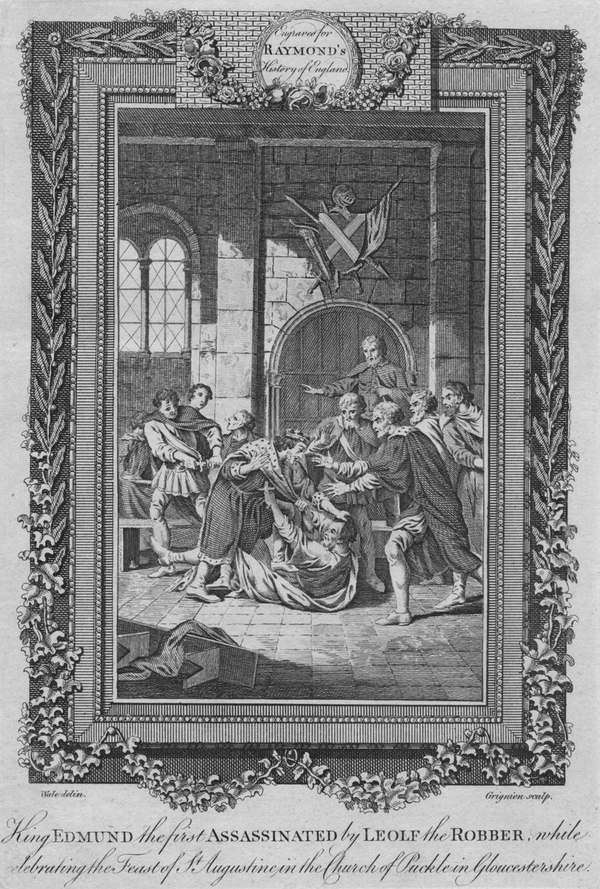 El rey Edmundo el primero asesinado por Leolf el Robbe, c1787 de Unbekannt