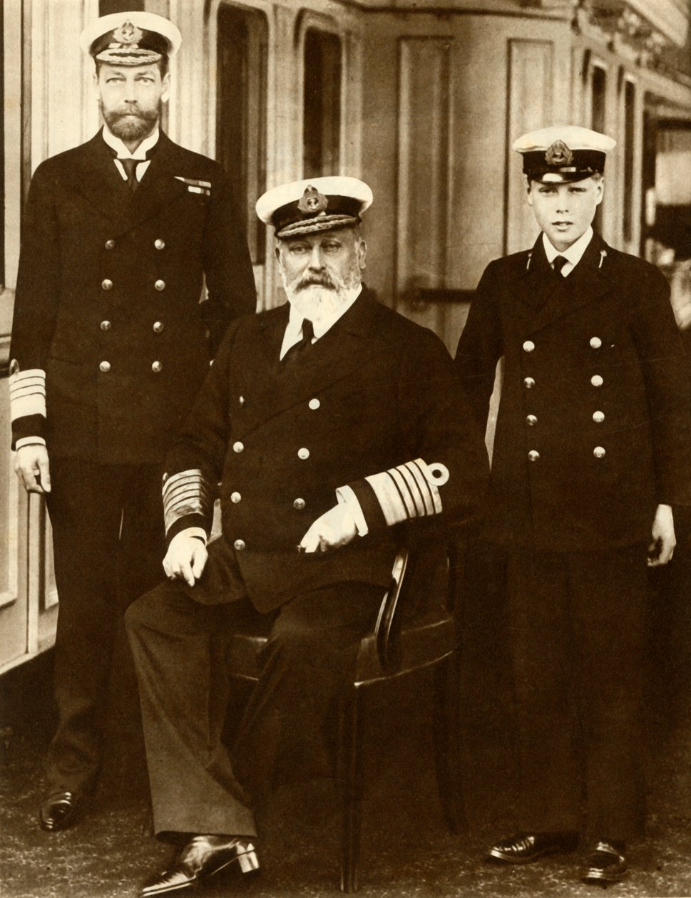 Rey Eduardo VII con su hijo Jorge, Príncipe de Gales, y su nieto el Príncipe Eduardo, 1910, 1935 de Unbekannt