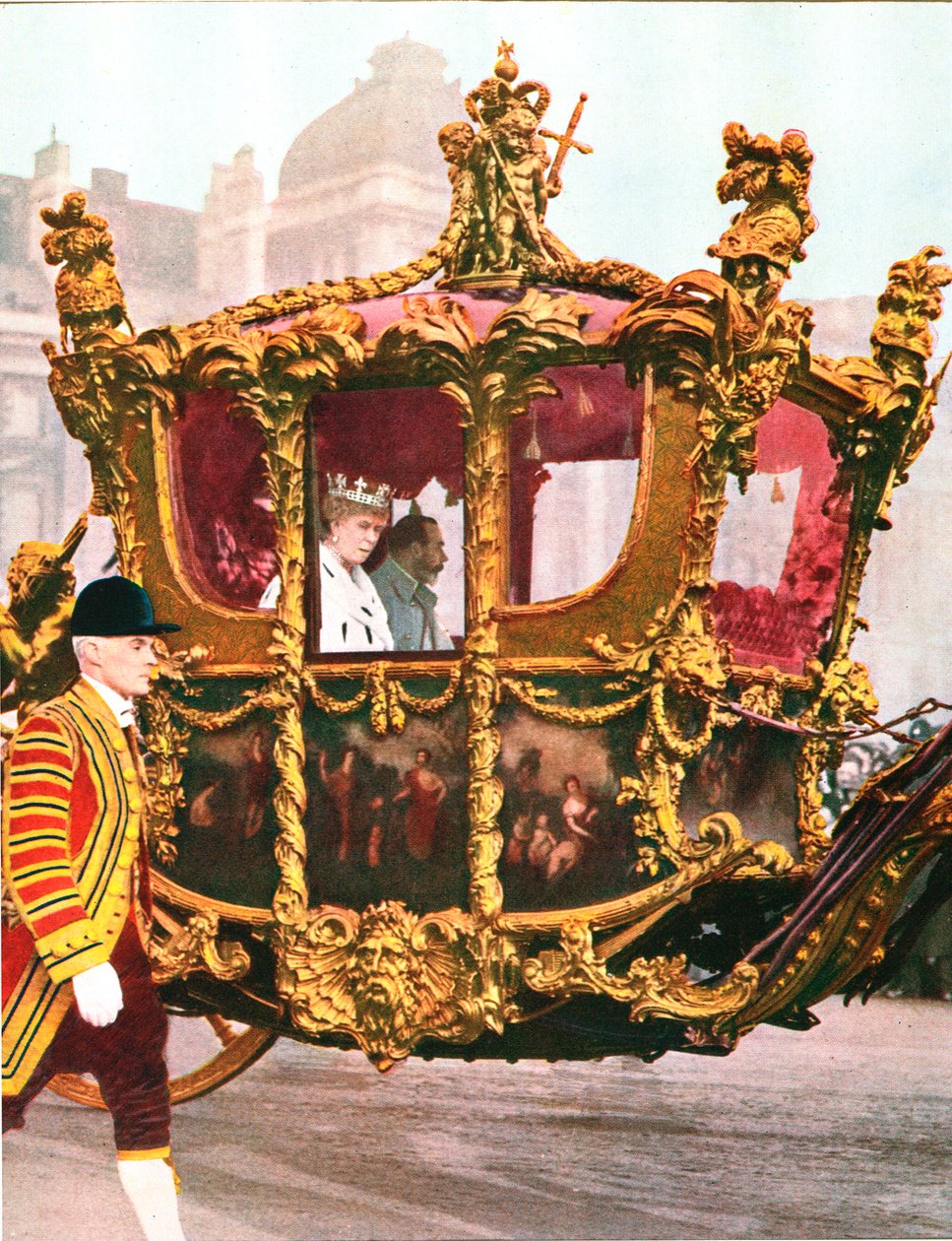 El rey Jorge V y la reina María en el histórico coche estatal, c. 1935 de Unbekannt