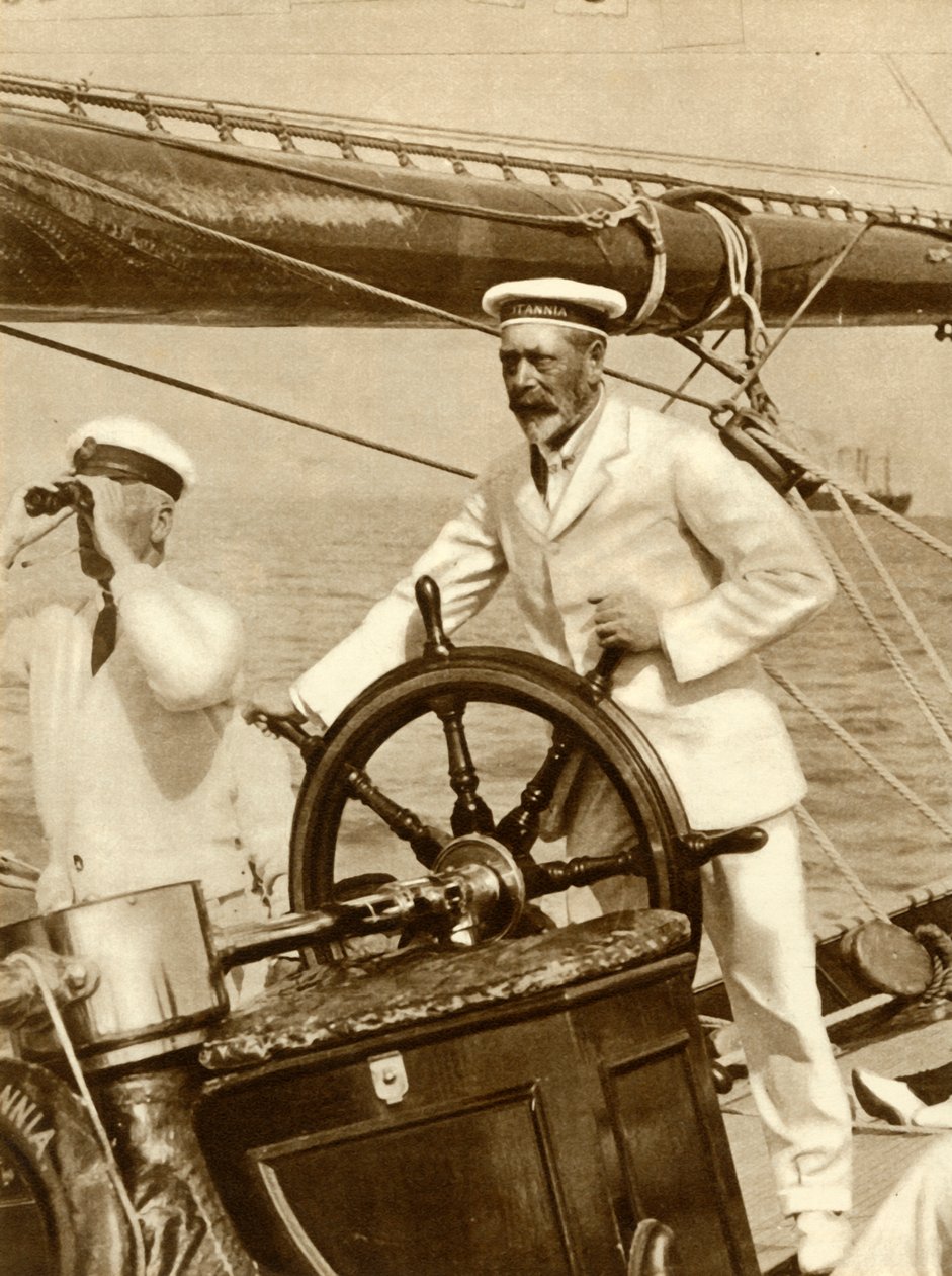 El rey Jorge V al timón de su yate, Britannia, durante la semana de la regata de Cowes, 1924, 1935 de Unbekannt
