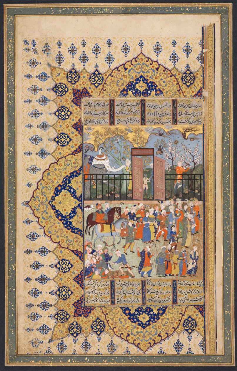 El rey Luhrasp asciende al trono: Una procesión llega a la corte Recto..., c. 1560s-80s de Unbekannt