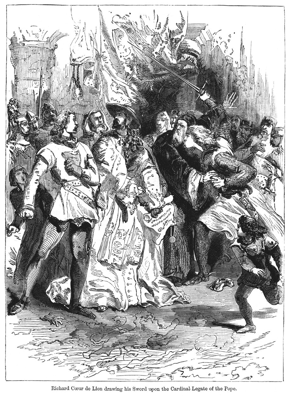 El rey Ricardo I 1157-1199 desenvainando su espada ante el legado cardenal del Papa de Unbekannt