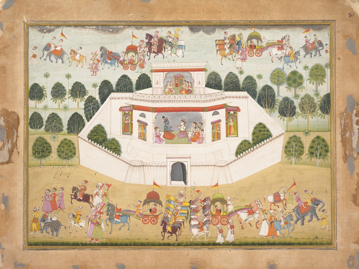 Krishna y Balarama dentro de un Palacio Amurallado: Página de un Bhagavata Purana Disperso..., ca. 1700 de Unbekannt