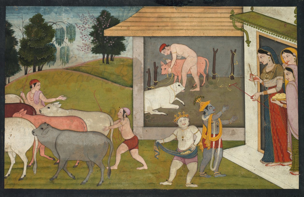 Krishna y Lakshmana llevando el ganado a pastar, página del Bhagavata Purana, c. 1780-1790 de Unbekannt
