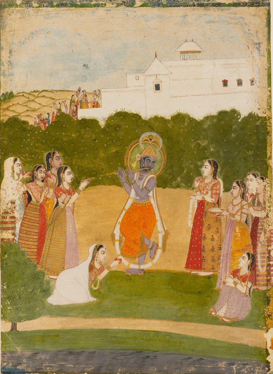 Krishna junto a un río tocando la flauta, c1720 de Unbekannt