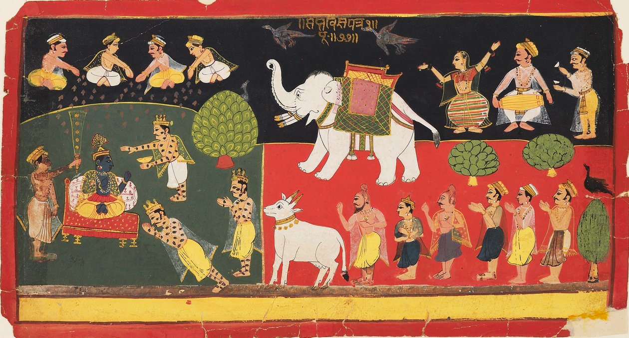 Krishna venerado por Indra llegando en un elefante blanco, c1720 de Unbekannt