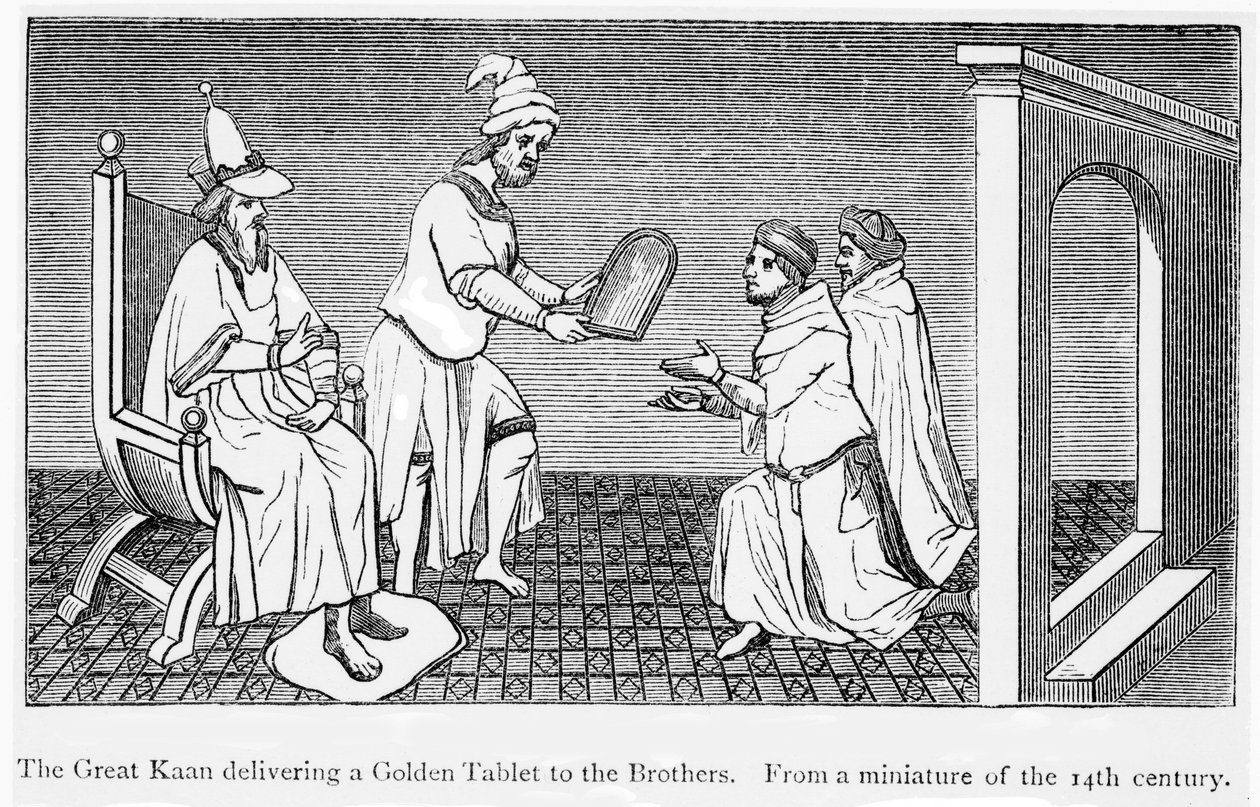 Kublai Khan entrega una tableta dorada asegurando el paso seguro a Niccolò y Maffeo Polo (grabado) de Unbekannt