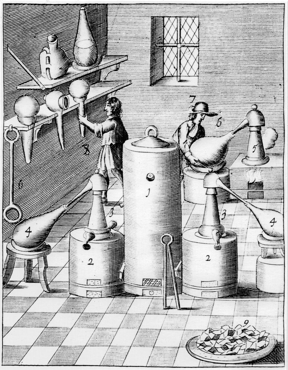 Laboratorio para refinar oro y plata, mostrando equipo de laboratorio típico, 1683 de Unbekannt