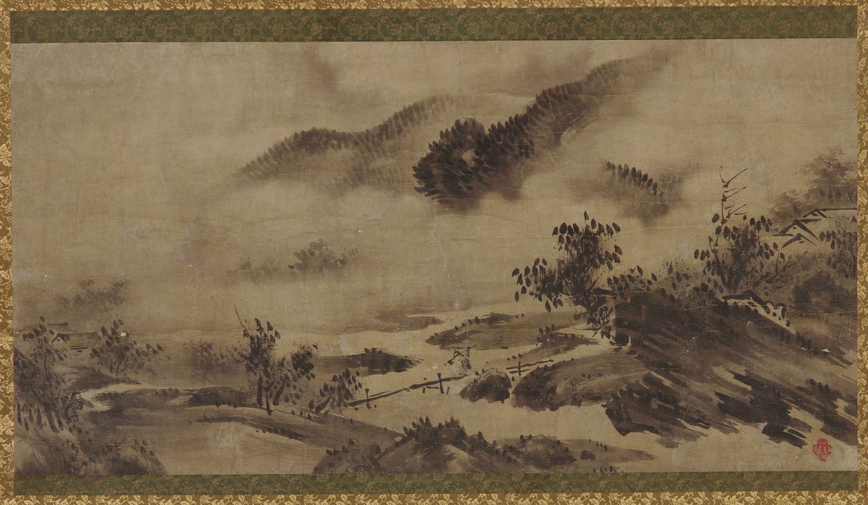 Paisaje: montañas, niebla y arroyo de Unbekannt