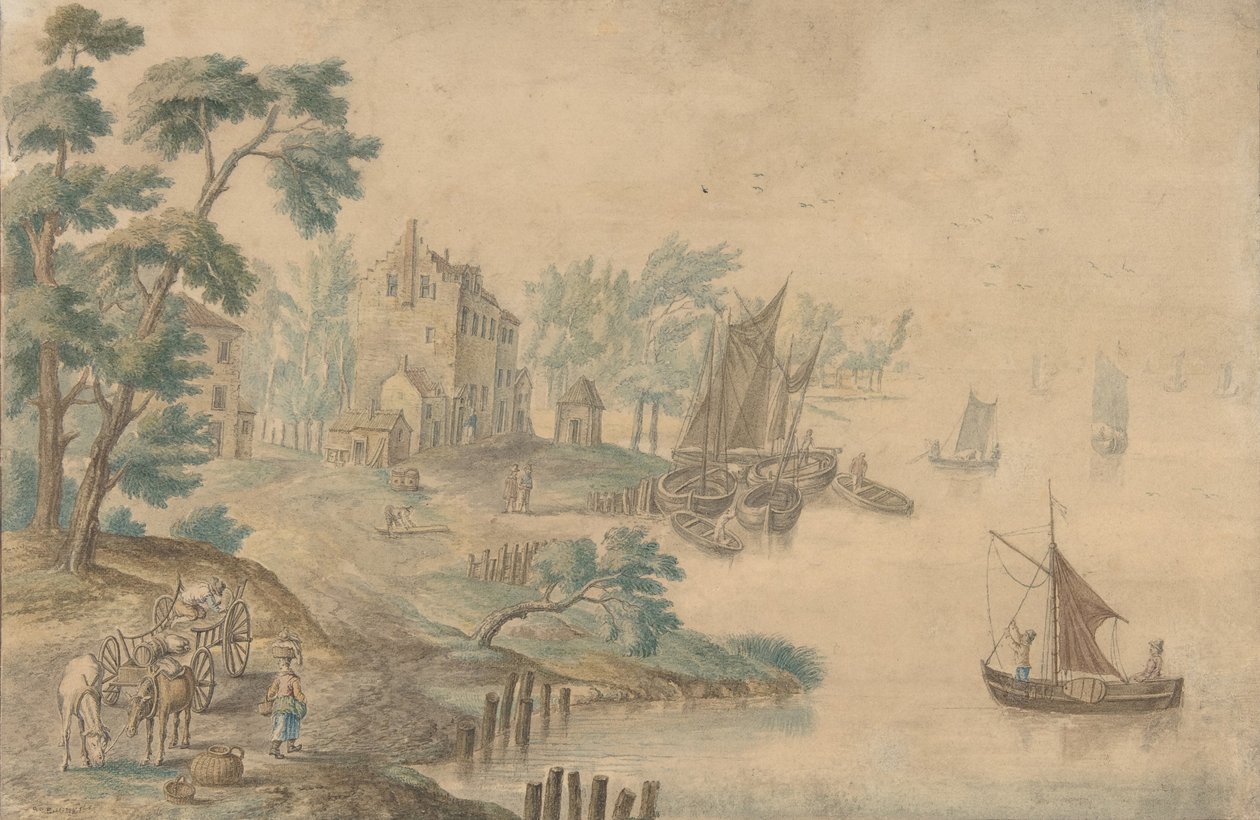 Paisaje con caballos y carros y un río a la derecha de Unbekannt