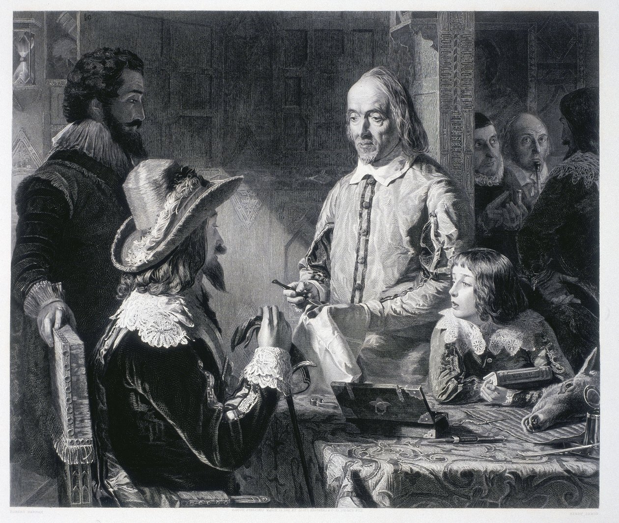 El médico inglés William Harvey (1578-1637) mostrando al rey Carlos I de Inglaterra (1600-1649) la teoría de la circulación de la sangre de Unbekannt