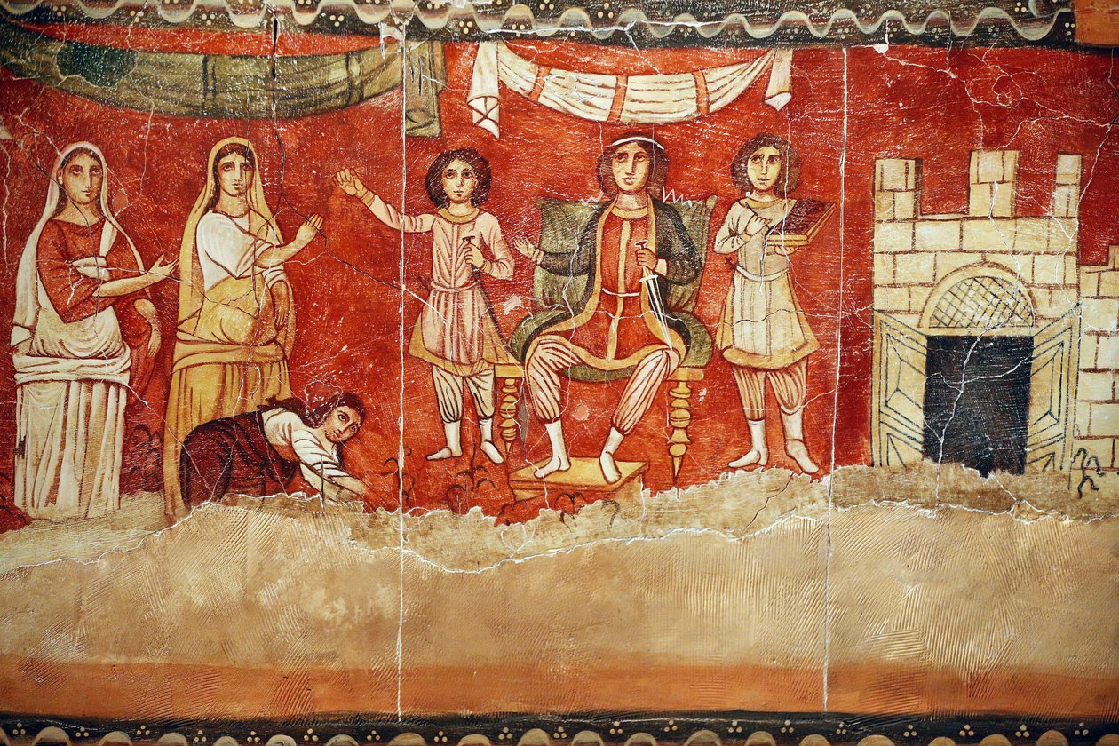El faraón y la infancia de Moisés, fresco proveniente de la Sinagoga de Doura (Dura) Europos, 244-245, y conservado en el Museo Nacional de Damasco. Foto tomada en el Museo Judío de Nueva York durante una exposición. de Unbekannt