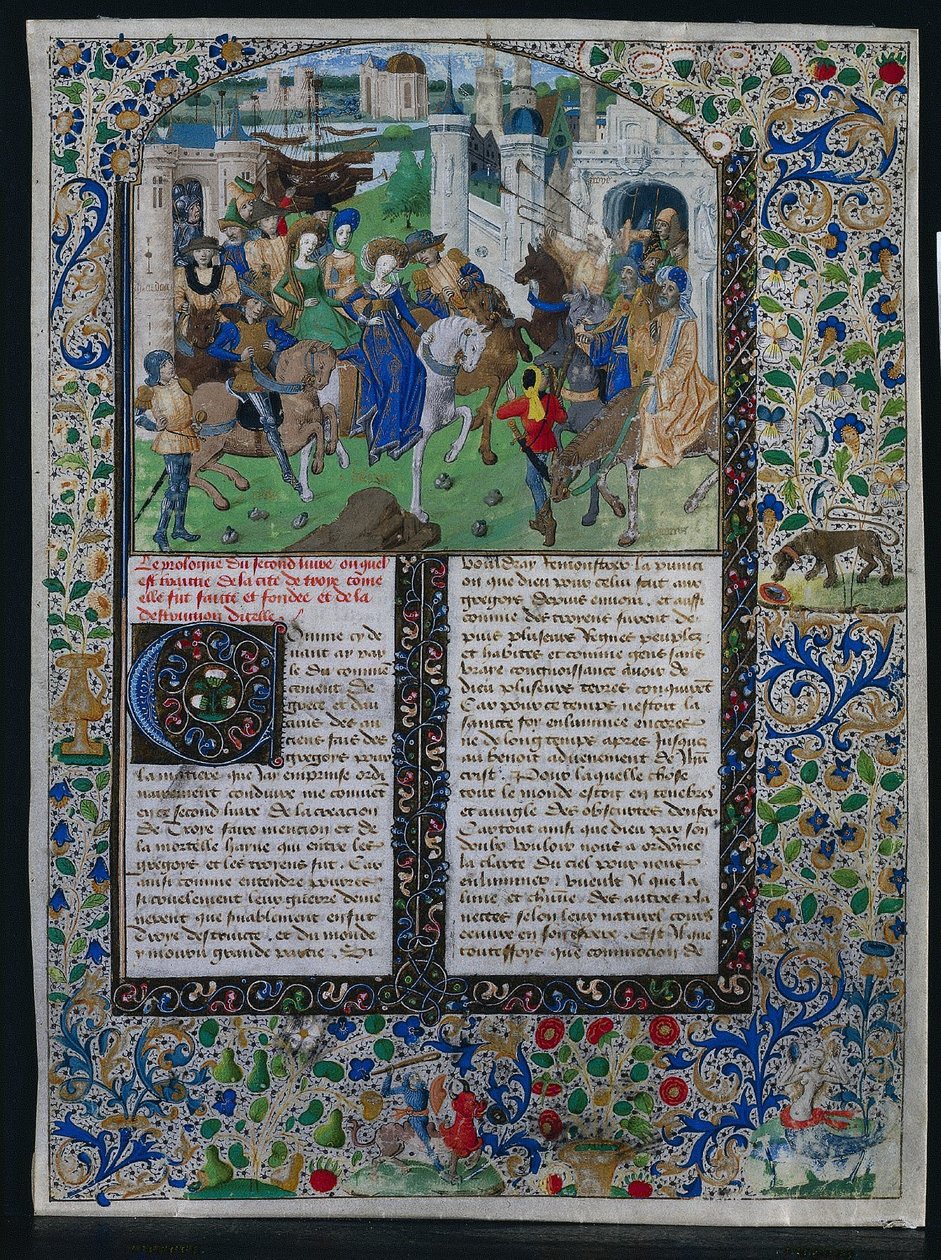 Hoja de la Crónica Universal de Jehan de Courcy: El rey Príamo se encuentra con Helena y Paris, c. 1470 de Unbekannt