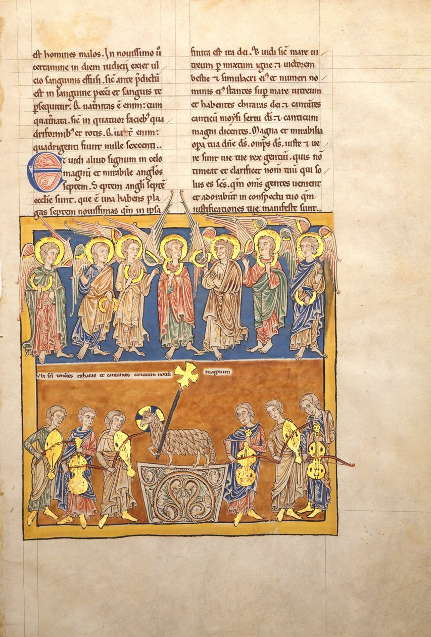 Hoja de un Manuscrito Beatus: Siete Ángeles Sostienen las Copas de las Siete Últimas Plagas de Unbekannt