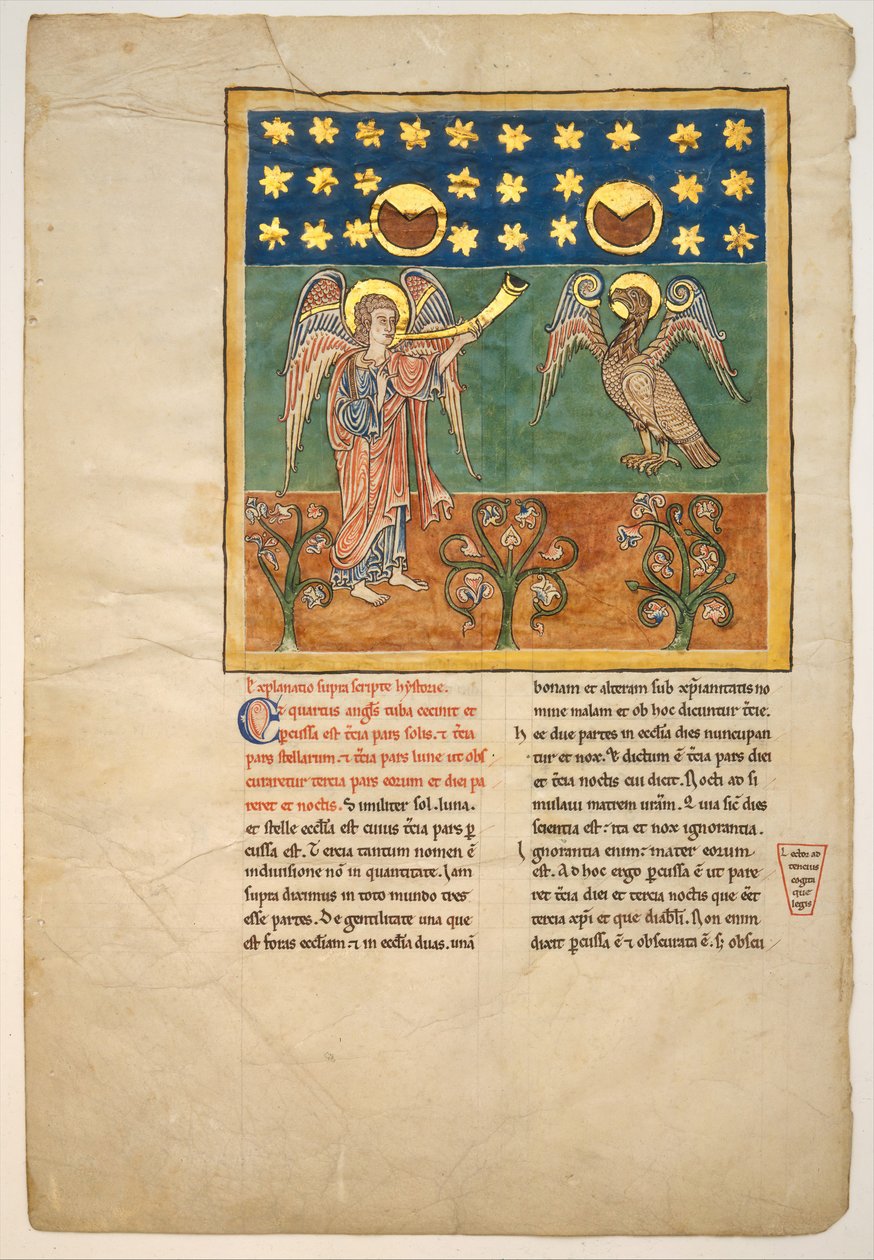 Hoja de un manuscrito Beatus: el cuarto ángel toca la trompeta y un águila..., ca. 1180 de Unbekannt