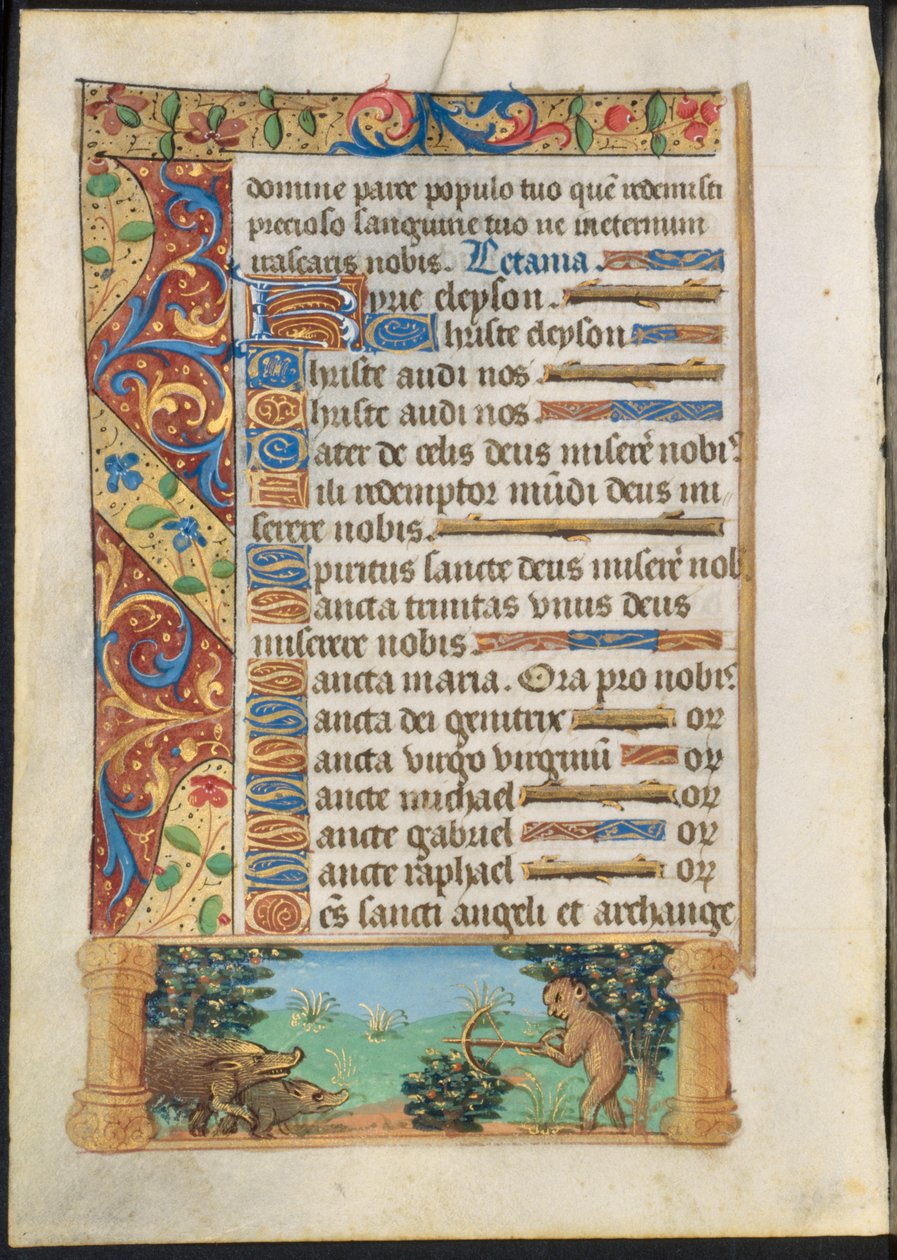 Hoja de un Libro de Horas: Mono cazando jabalíes (recto) y Mono pescando (verso), c. 1500-1510 de Unbekannt