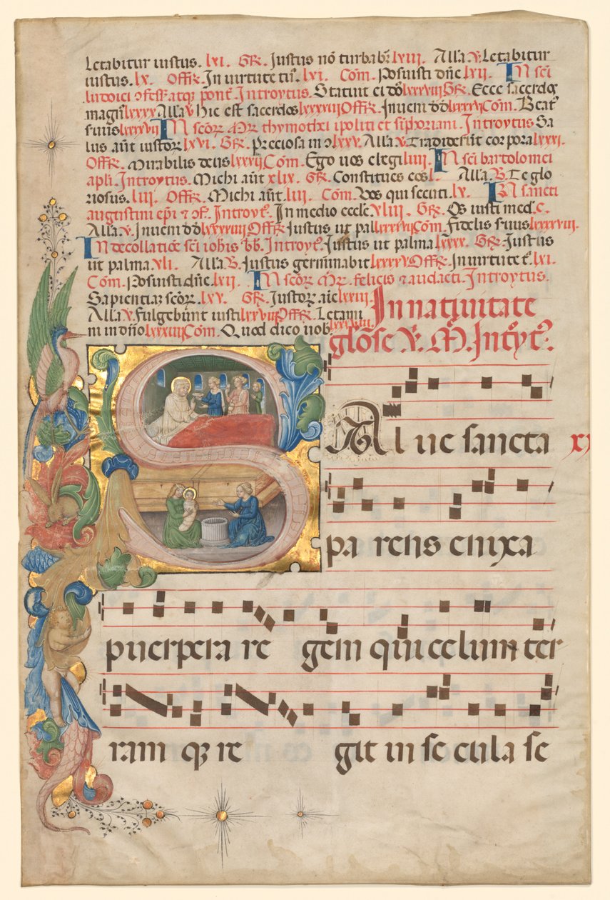 Hoja de un Gradual: Inicial Historiada S[alve Sancta Parens] con el Nacimiento de la Virgen recto de Unbekannt