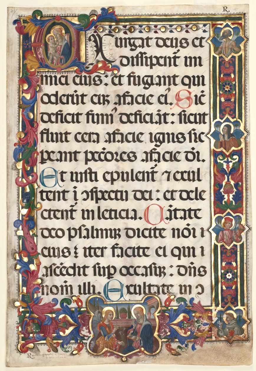 Hoja de un Salterio con borde completo con medallones de la Anunciación, SS. Jerónimo, Clara..., 1475 de Unbekannt