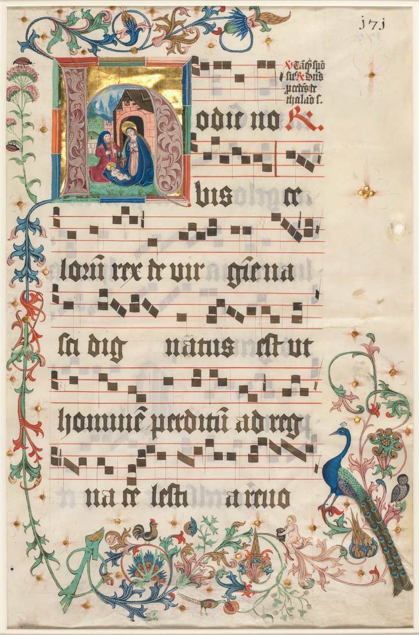 Hoja de un Antifonario: Inicial H con la Natividad, c. 1480 de Unbekannt