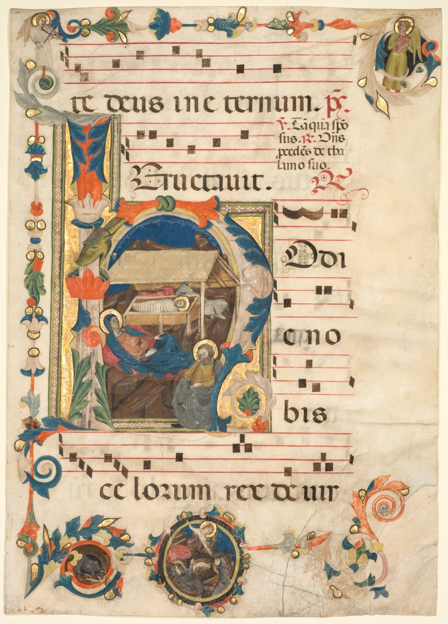Hoja de un Antifonario con Inicial Historiada H con La Natividad en el recto y Música en el verso de Unbekannt