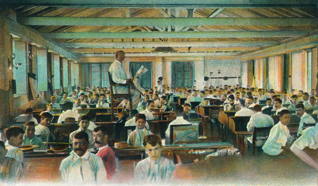 Lector leyendo a los enrolladores de cigarros, Fábrica de Cigarros, La Habana, Cuba, 1910s de Unbekannt