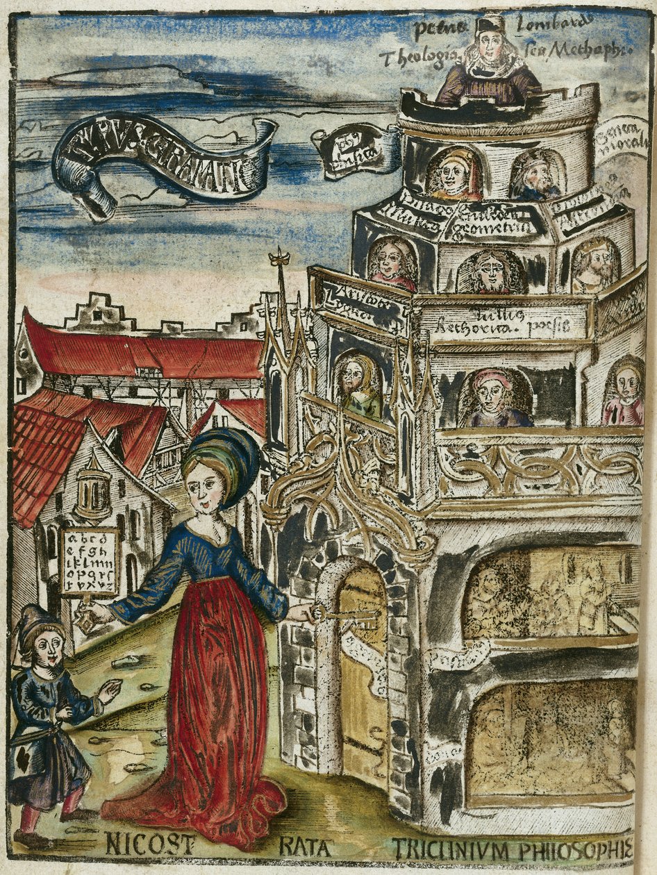 Las artes liberales, la gramática: Nicostrata (llamada Carmenta), sosteniendo un hornbook, manual para la enseñanza (aquí, un abecedario) y una llave, abriendo la puerta de la torre del aprendizaje a un niño de Unbekannt