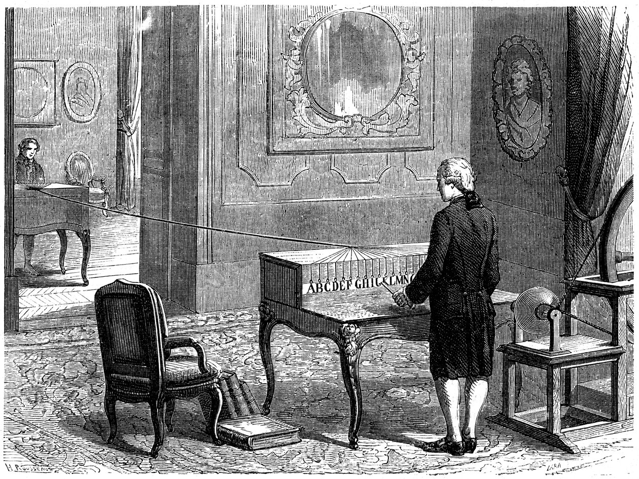 Lesage experimentando con el primer telégrafo eléctrico, Ginebra, 1774 c1870 de Unbekannt