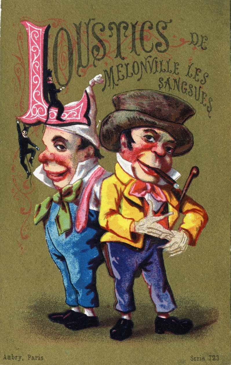 Letra L: Sanguijuelas de Melonville Loustics. Grabado en "Alphabet des grotesques". Serie de 25 cromolitografías publicitarias sobre fondo dorado, finales del siglo XIX. Dim: 11x7 cm. de Unbekannt