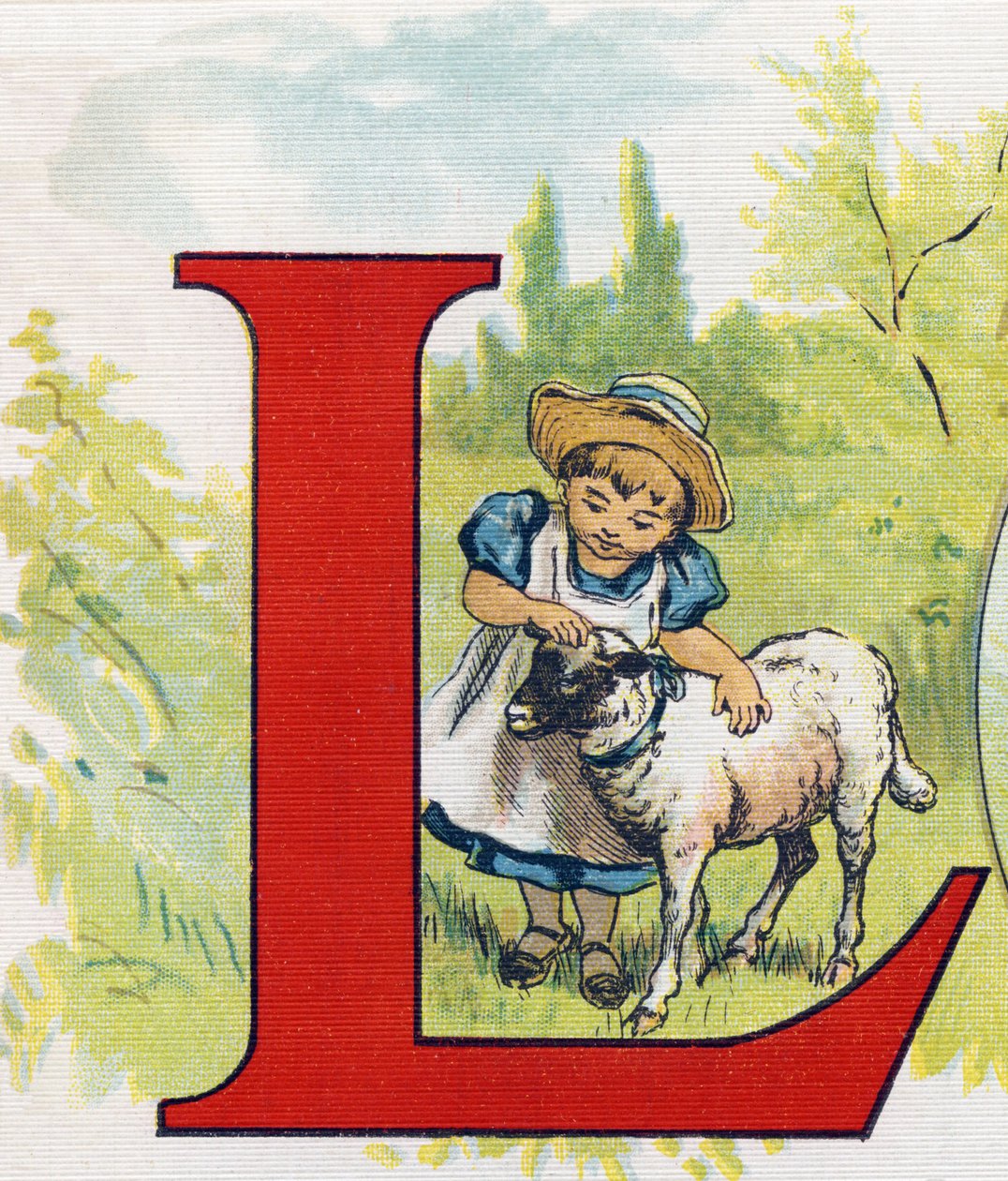 Letra L: cordero. Grabado en "ABC El alfabeto de los bebés". Volumen irrompible sobre lienzo en cromolitografía. A. Capendu, editor, París. Principios del siglo XX, alrededor de 1905. Imágenes de origen inglés, acompañadas de palabras en francés correspond de Unbekannt