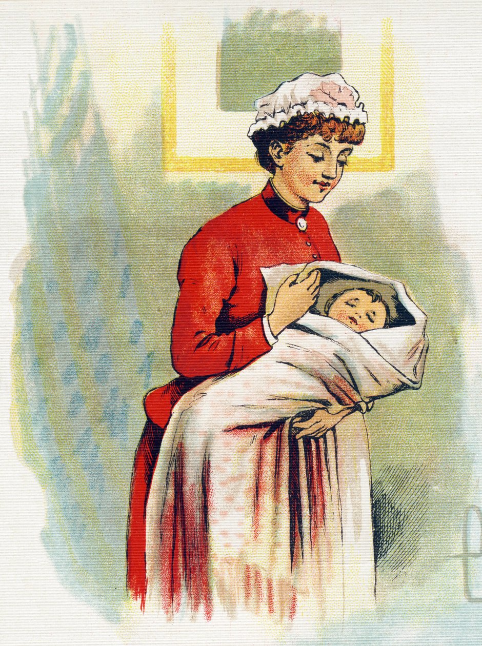 Letra N: enfermera. Grabado en "ABC El alfabeto de los bebés". Volumen irrompible sobre lienzo en cromolitografía. A. Capendu, editor, París. Principios del siglo XX, alrededor de 1905. Imágenes de origen inglés, acompañadas de palabras en francés correspo de Unbekannt