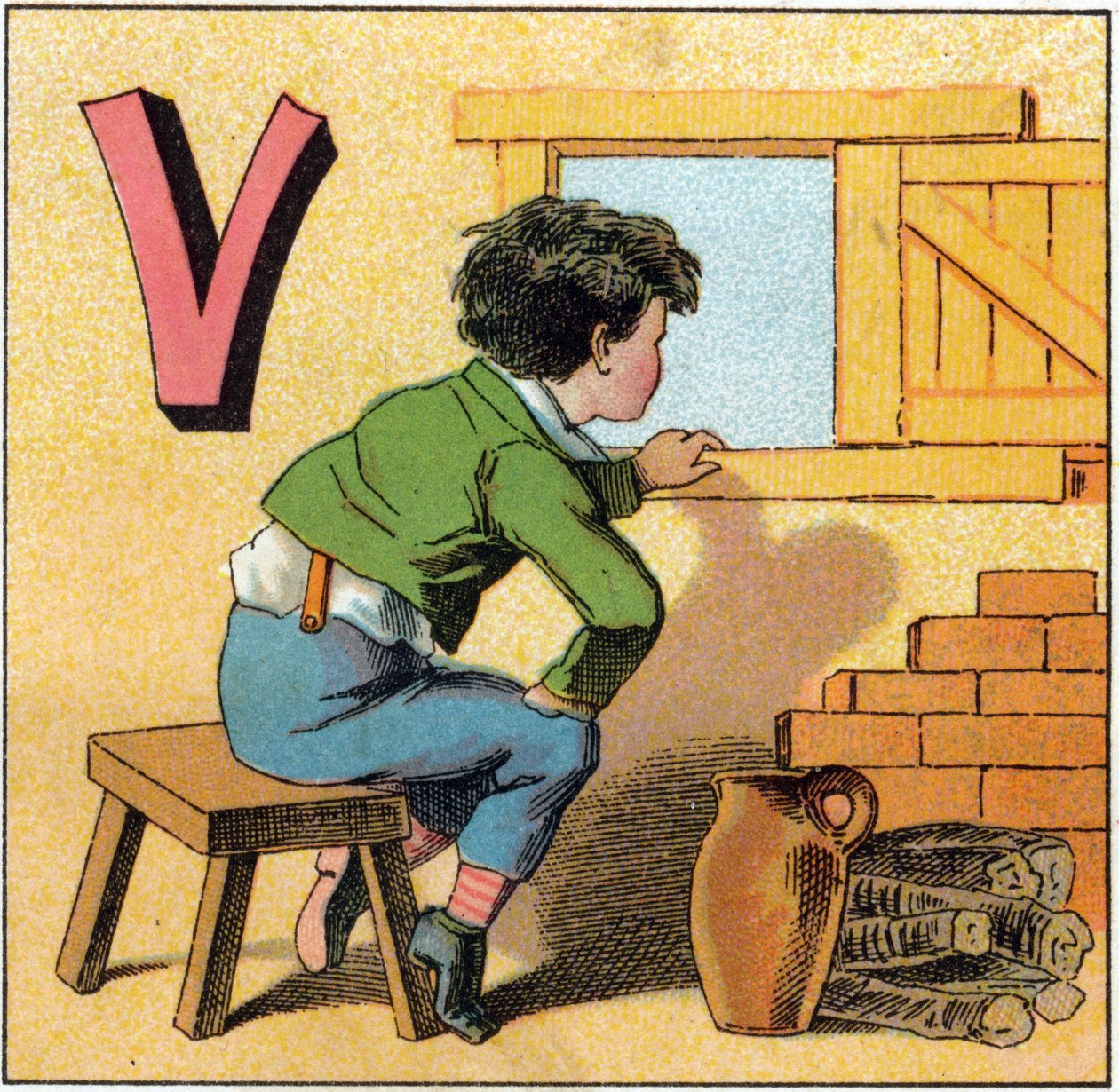 Letra V como vasistas. Niño curioso mirando por una ventana. Grabado en "Alphabet des petits ecoliers". Imágenes de Epinal, circa 1885. Colección Privada de Unbekannt