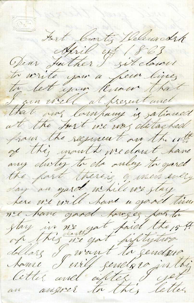 Carta firmada por David T. Massey, Fort Curtis, Helena, Ark., a su padre (Nathan Massey), 21 de abril de 1863 de Unbekannt